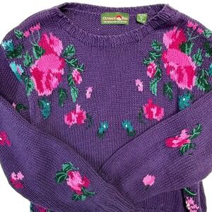 Vintage Outback Purple Pink Floral Embroidered Knit Sweater 90s Cottagecore Med